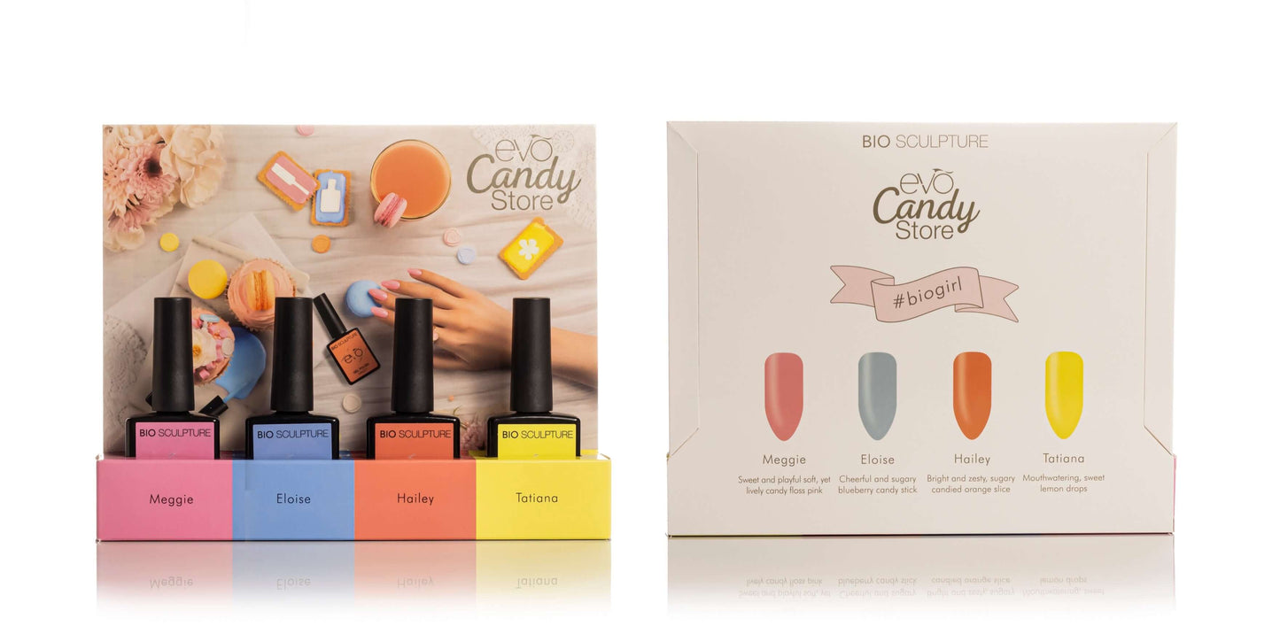 EVO Candy Store EVO Collection Bio Sculpture EVO Candy StoreEin süsses Farbspiel!148 Meggie, ein schillernder, zarter Farbton in zuckerüssem Rosa.149 Eloise, ein blau wie das Meer im Süden. 150 Hailey, ein tiefes und lebhaftes Orange, wlches jeden Tag auf