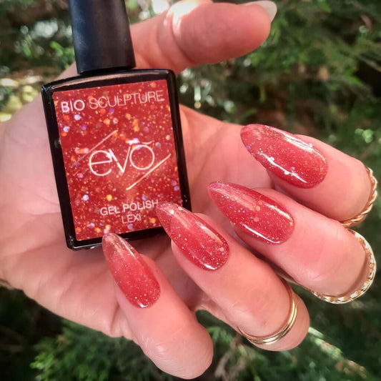 0138 LEXI- EVO EVO EVO GellackFunkelndes rotes Glittergel Hergestellt in Südafrika.EVO by Bio Sculpture Bio Sculpture