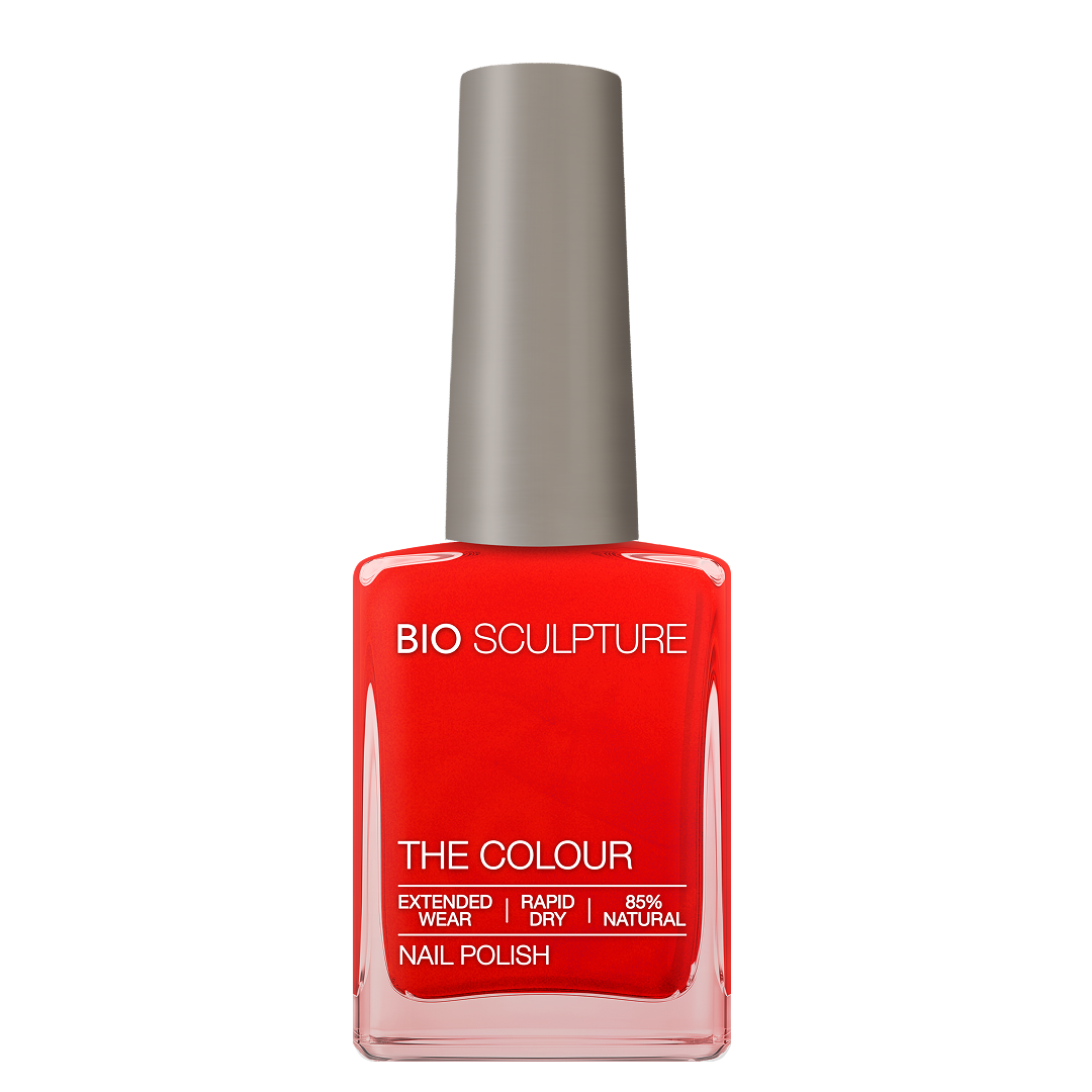 Angelina Nail Polish – Bio Sculpture Produktflasche; Farbton ein kräftiges, feuriges Rot mit dezenten orangefarbenen Untertönen
