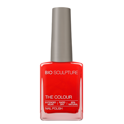 Angelina Nail Polish – Bio Sculpture Produktflasche; Farbton ein kräftiges, feuriges Rot mit dezenten orangefarbenen Untertönen