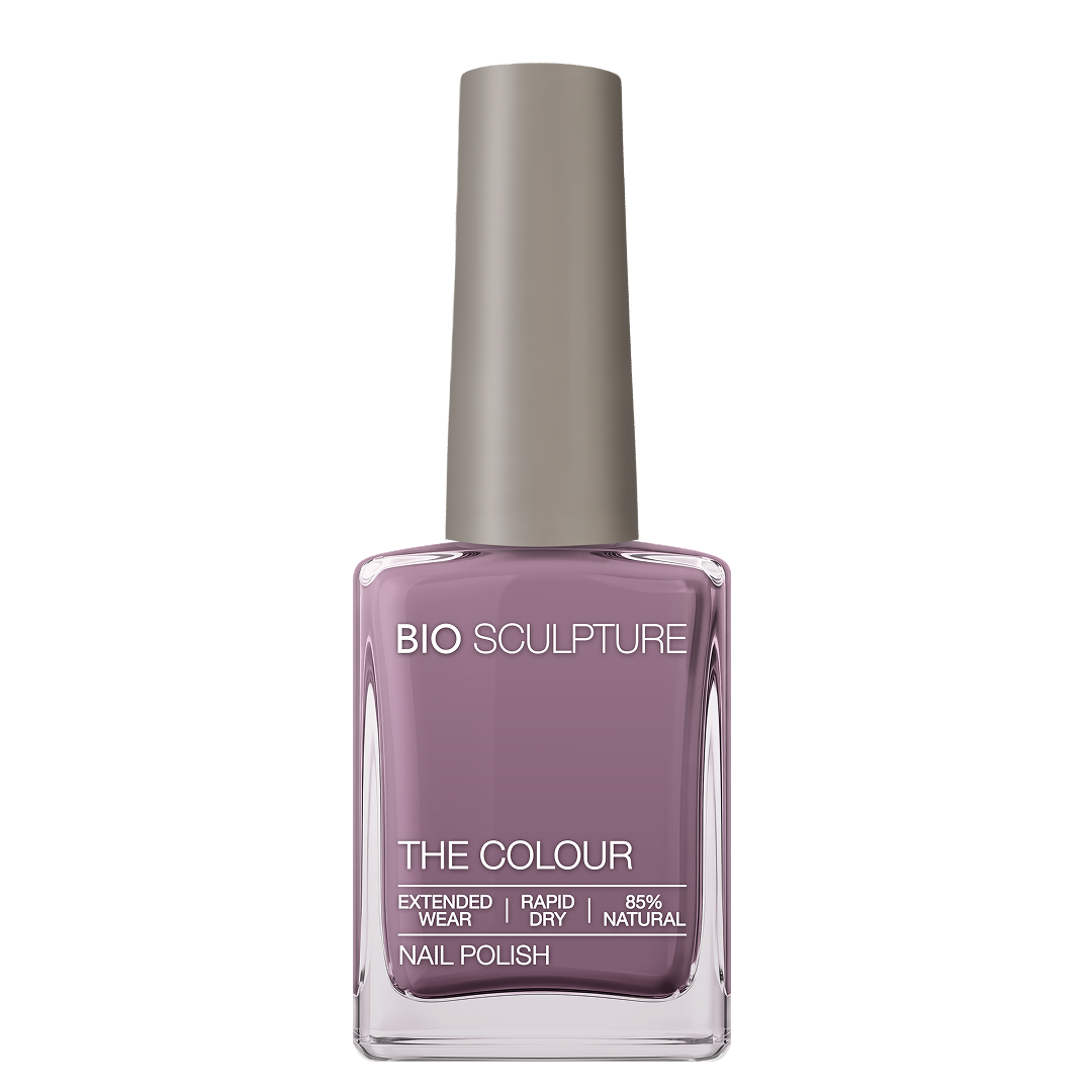Aphrodite Nail Polish – Bio Sculpture Produktflasche; Farbton ein tiefes Violett mit gedeckten Mauve-Untertönen