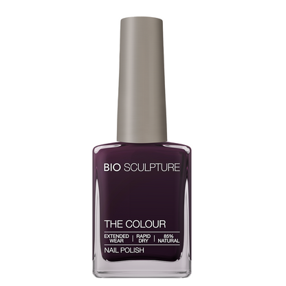 Erica Nail Polish – Bio Sculpture Produktflasche; Farbton ein dunkles Violettrot mit satter, weinfarbener Tiefe