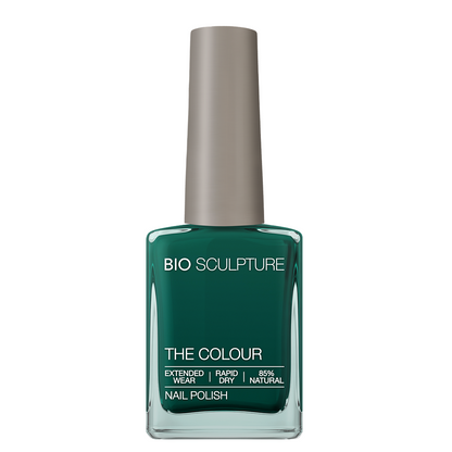 Mira Nail Polish – Bio Sculpture Produktflasche; Farbton ein gedecktes Waldgrün mit kühlen blauen Untertönen