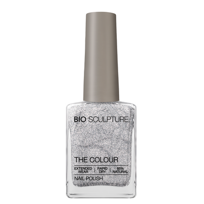 Monique Nail Polish – Bio Sculpture Produktflasche; Farbton ein reflektierender Silberglitter mit diamantähnlichem Funkeln
