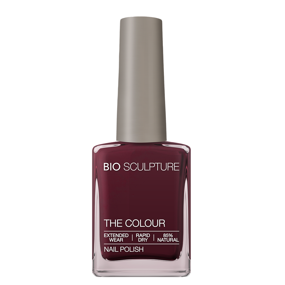 Ruby Nail Polish – Bio Sculpture Produktflasche; Farbton ein tiefes, gedecktes Pflaumenviolett mit satten roten Untertönen