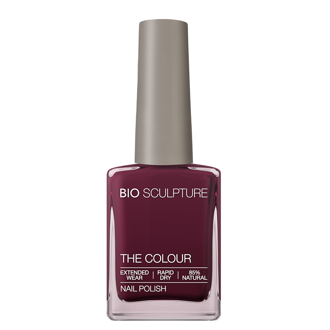 Thornberry Nail Polish – Bio Sculpture Produktflasche; Farbton ein tiefes Burgunderrot mit satter Beeren-Pflaumen-Wirkung