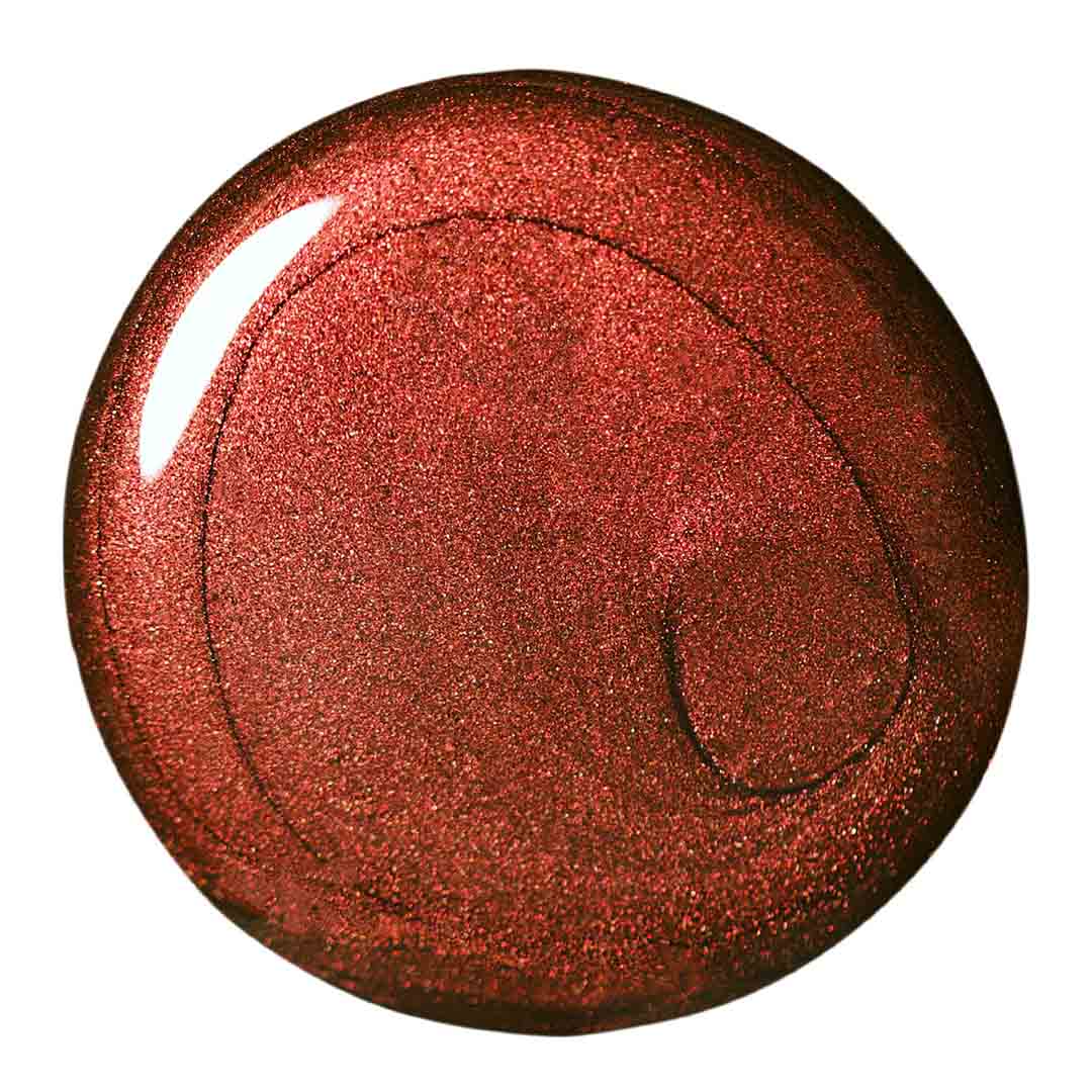 Rosewood Stardust Nail Polish – Nahaufnahme des Farbtons; Farbton ein sattes Schokoladenbraun mit dezentem Kupferschimmer